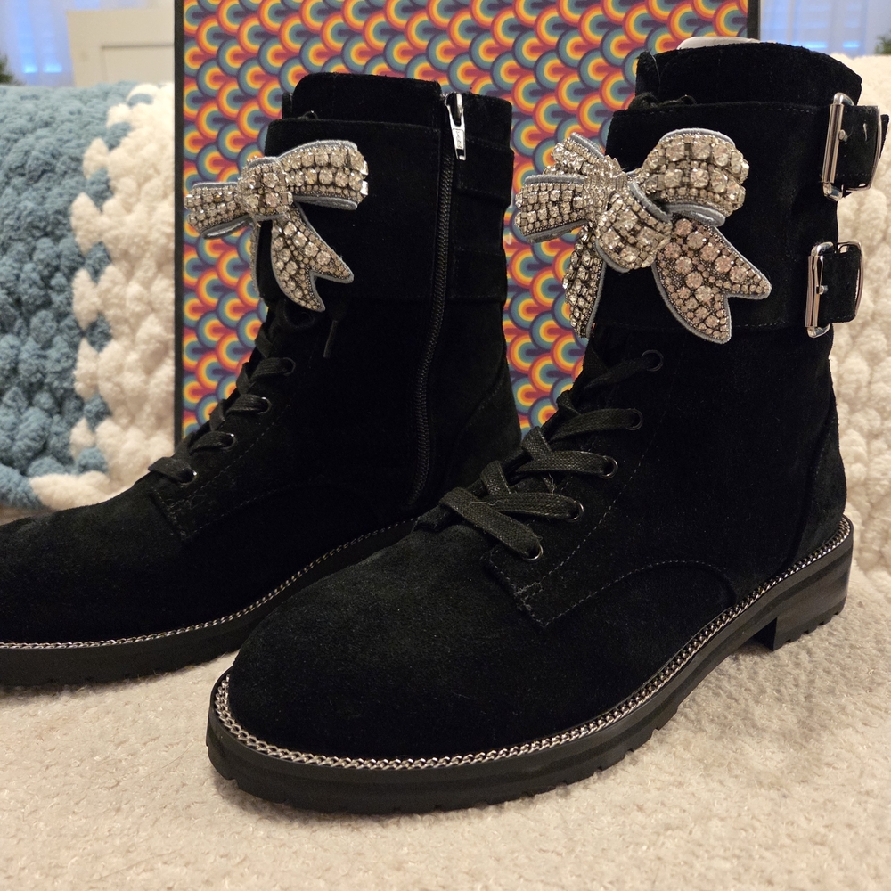 Kurt Geiger London Black Suede Boots with Crystal Bow